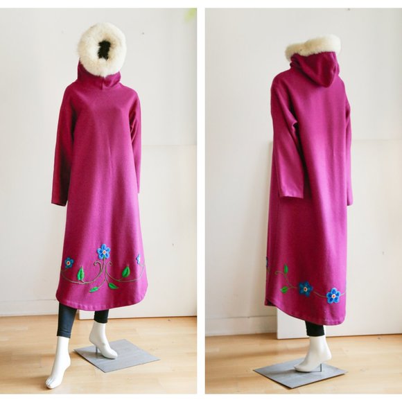 Unbranded | Vintage Jackets & Blazers - Long All Wool and Fox Fur Trim Magenta Parka